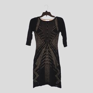 Black Midi Laser Cut Fitted Dress Small Petite Sleek Sexy 3/4 Sleeve Fitted Date
